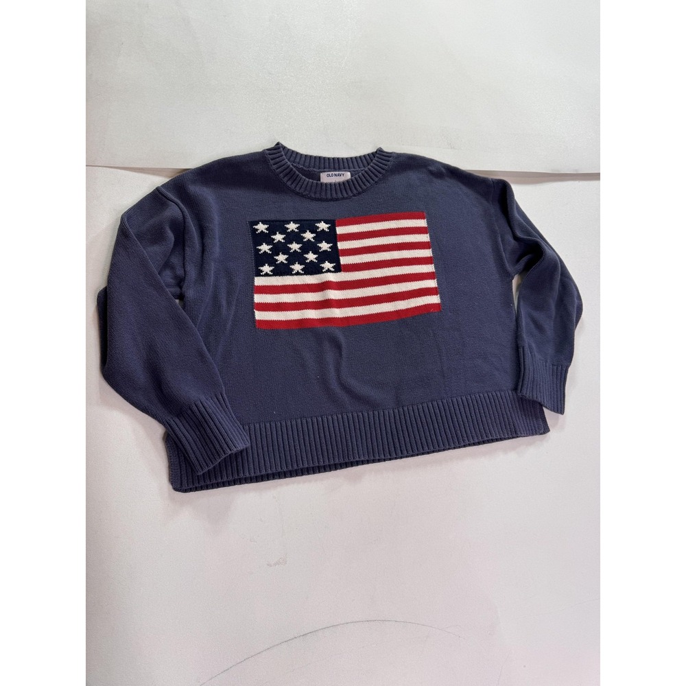 Old Navy Sweater Womens Large Blue American Flag Patriotic Crewneck Pullover